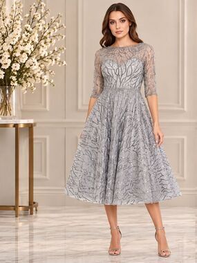 Mac Duggal 20252 Sequin Embellished Midi Platinum Silver Bead Tulle $598